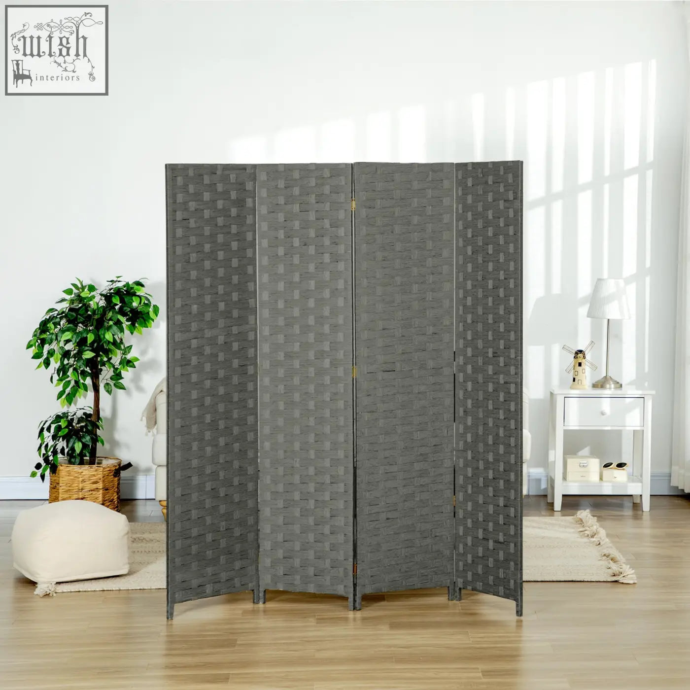 Gray woven fabric room divider with four panels and wicker effect privacy screen ideal for indoor bedrooms and offices