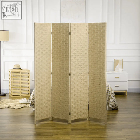 Beige woven rattan four panels homcom room divider with wicker effect for indoor bedroom office privacy screen