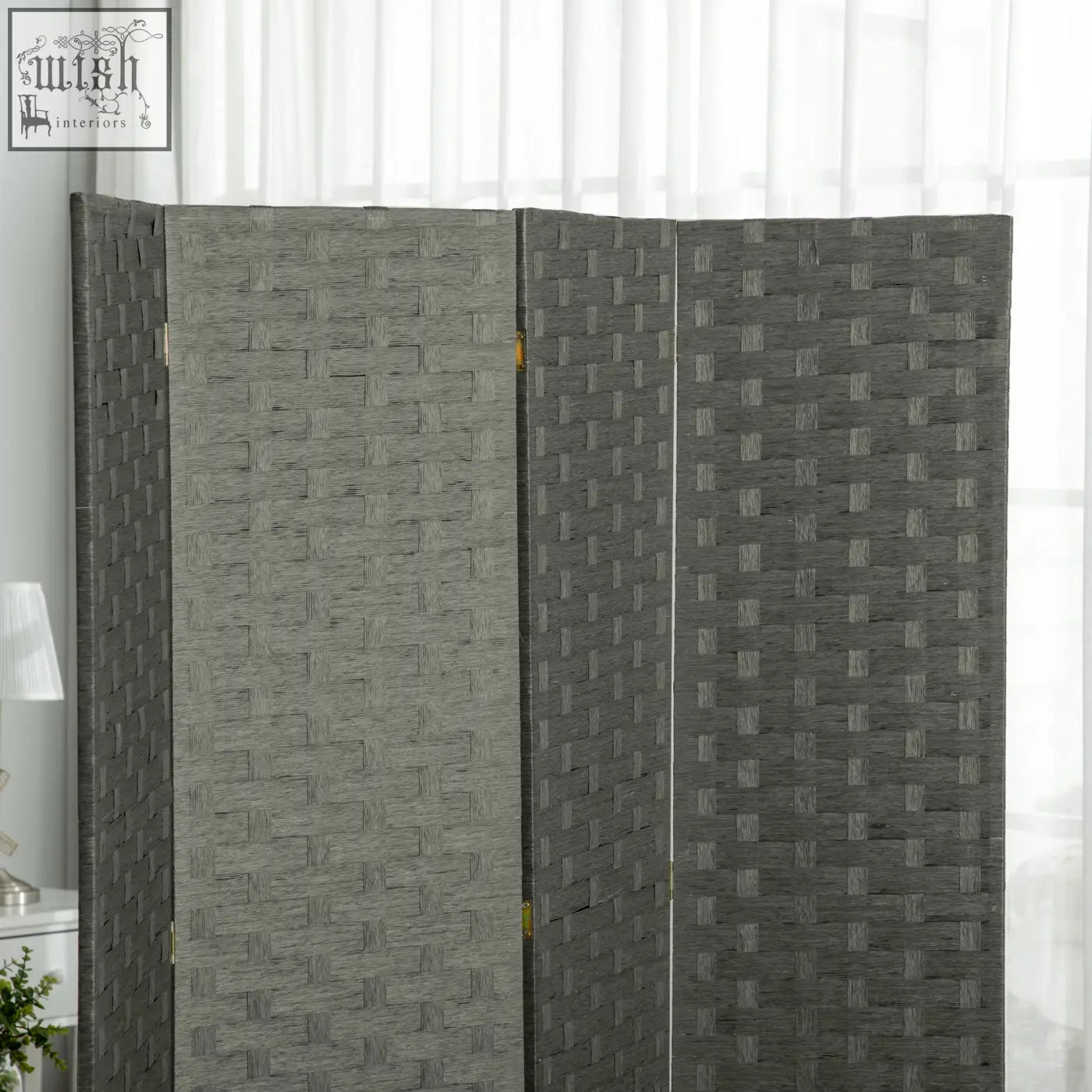 Gray woven fabric privacy screen with wicker effect and three folding panels for indoor room divider use