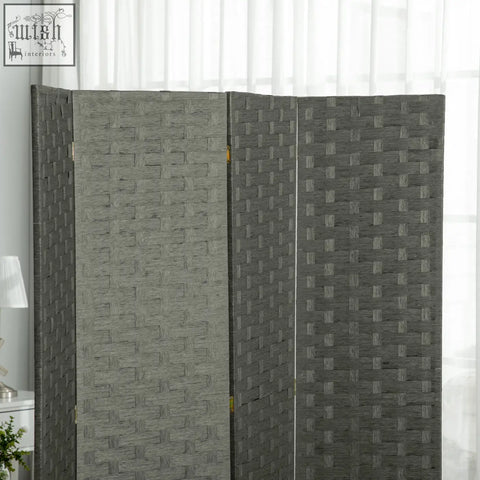 Gray woven fabric privacy screen with wicker effect and three folding panels for indoor room divider use