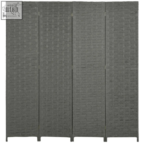 Dark gray homcom 4-panel room divider with wicker effect woven texture privacy screen for indoor use