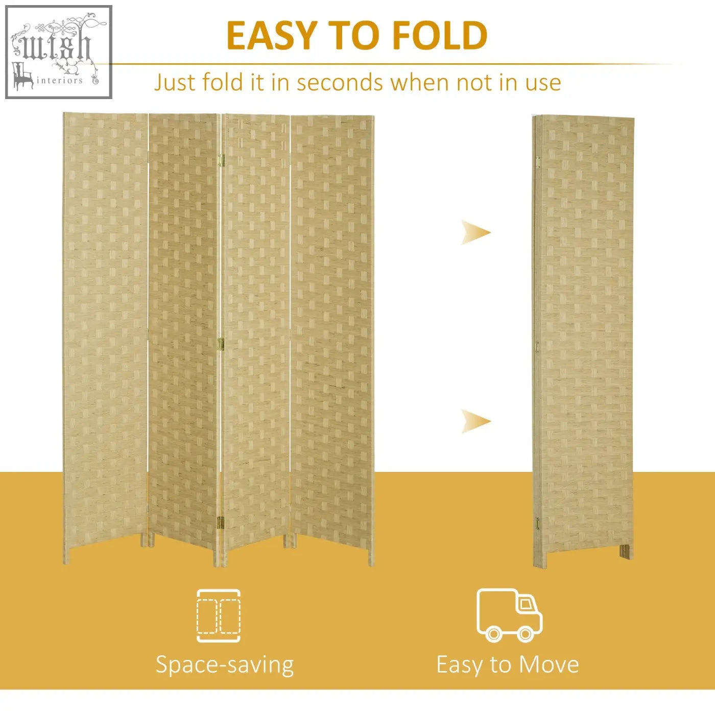 Beige woven fabric room divider with four panels and wicker effect in a foldable design for indoor use