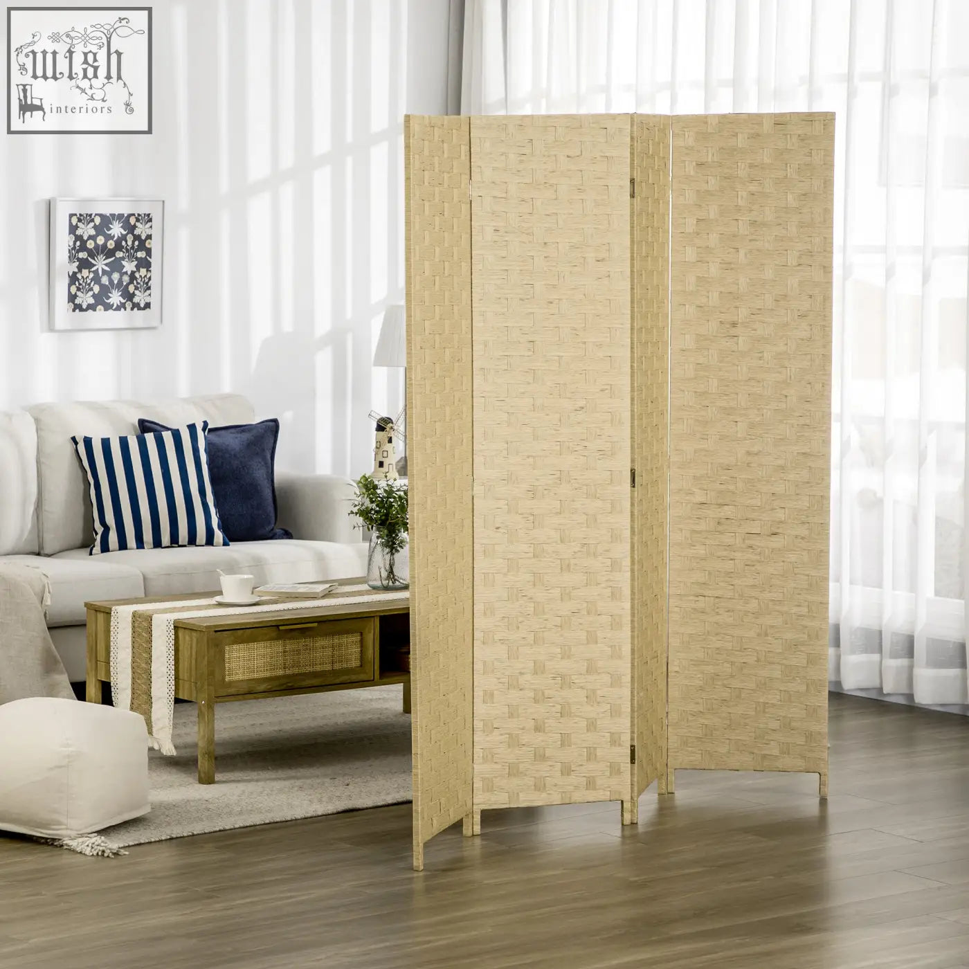 Beige woven rattan four panel room divider with wicker effect for indoor bedroom and office use by homcom