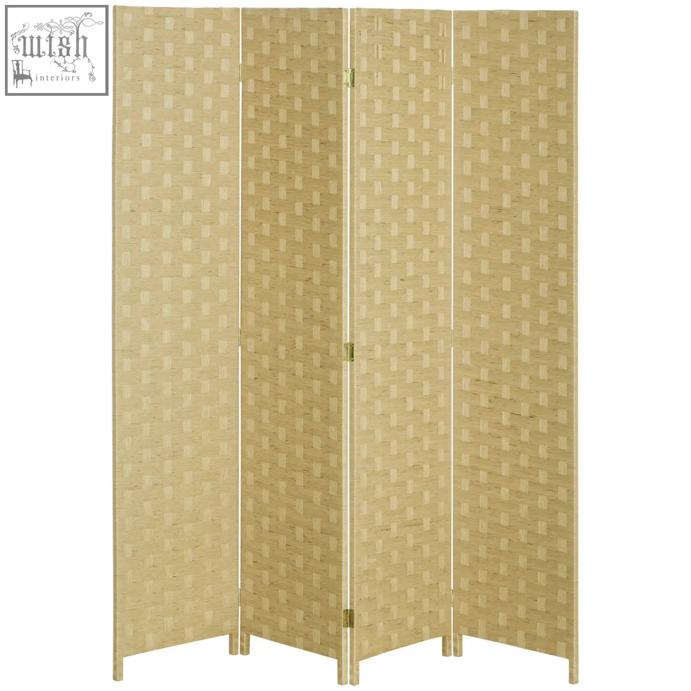 Beige woven four panels room divider with wicker effect and gold-toned hinges for indoor bedroom or office use