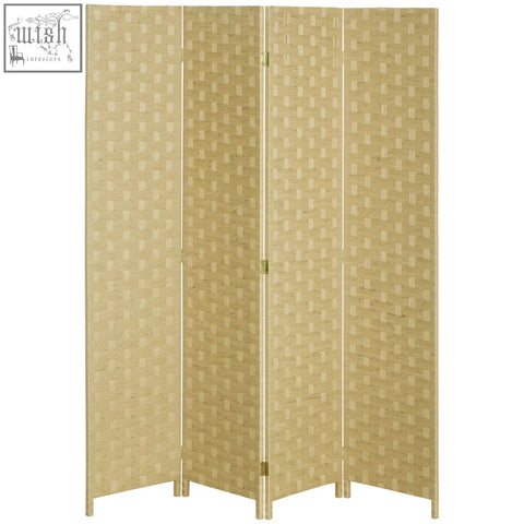 Beige woven four panels room divider with wicker effect and gold-toned hinges for indoor bedroom or office use