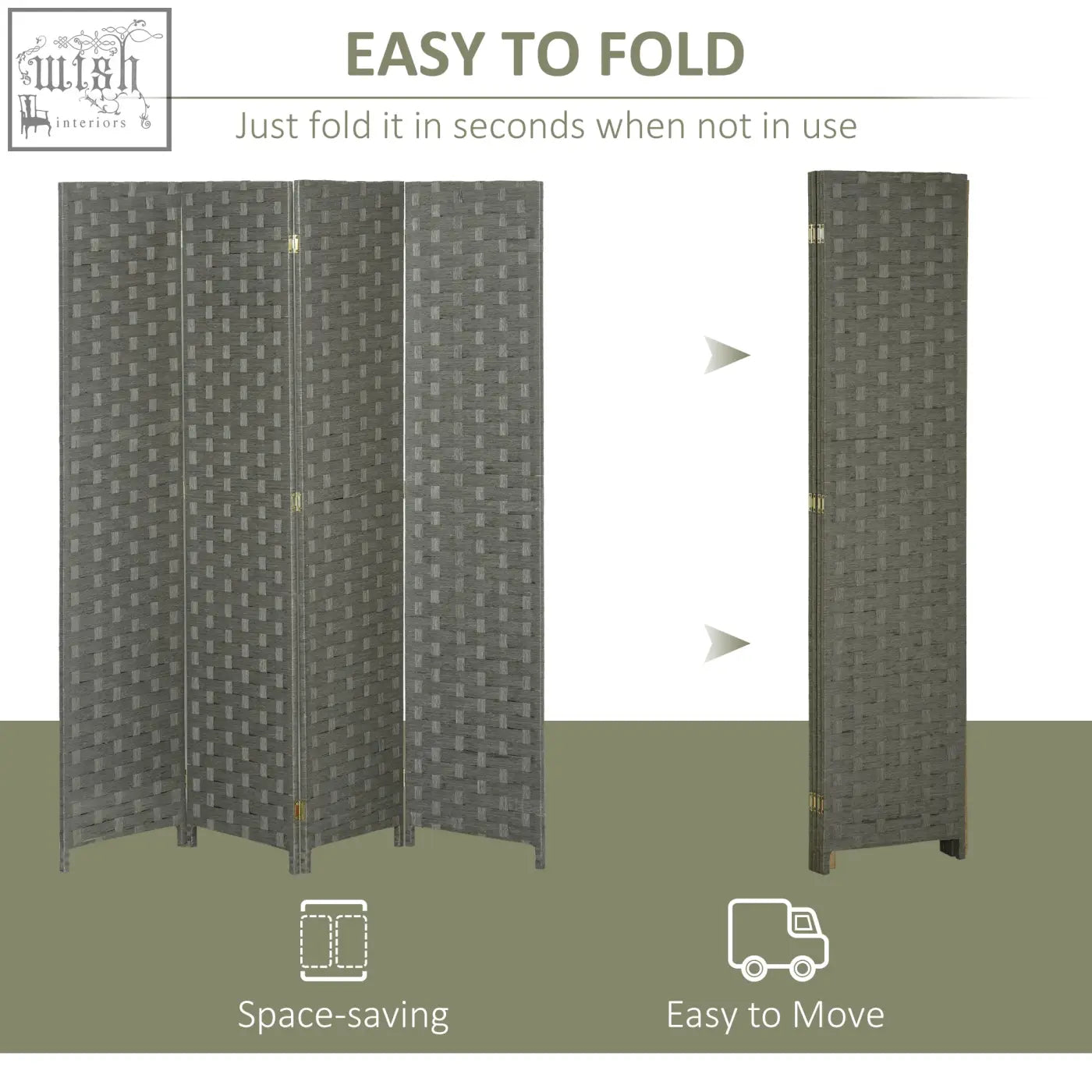 Gray woven wicker effect four panels privacy screen room divider with gold-toned hinges for indoor use