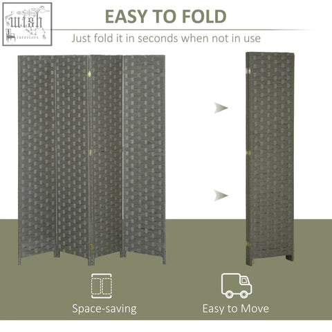 Gray woven wicker effect four panels privacy screen room divider with gold-toned hinges for indoor use