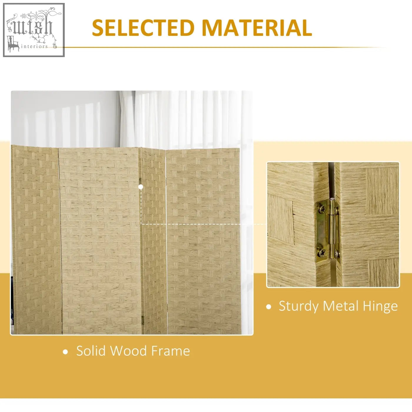 Beige woven wicker effect four panels room divider with solid wood frame and metal hinges for indoor privacy