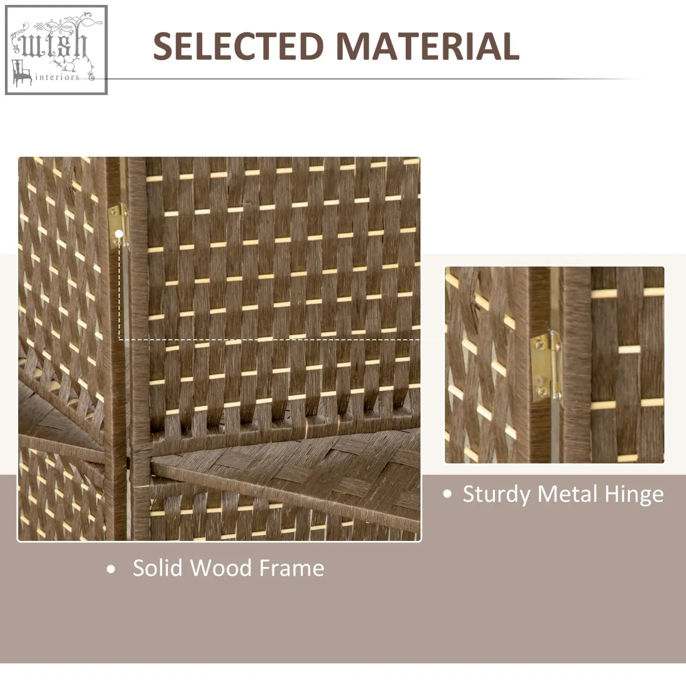 Brown woven wicker privacy screen with wooden frame and sturdy metal hinges 180l x 45w for indoor use