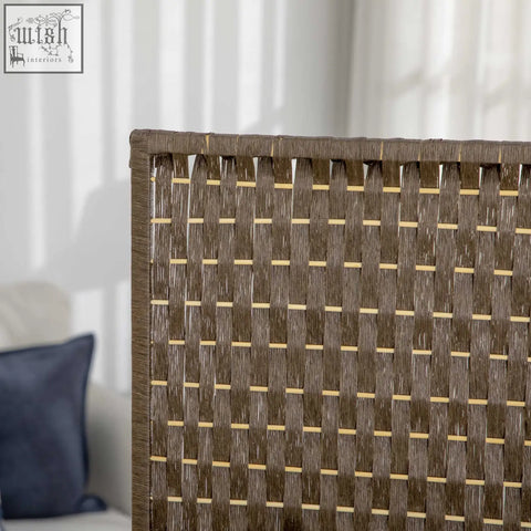 Brown woven wicker storage basket with tan accents in homcom 4-panel privacy screen with wooden frame 180l x 45w