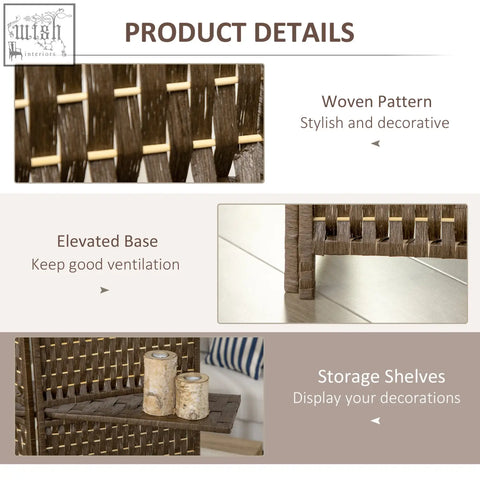 Brown woven wicker privacy screen with wooden frame 180l x 45w featuring decorative shelves and elevated base