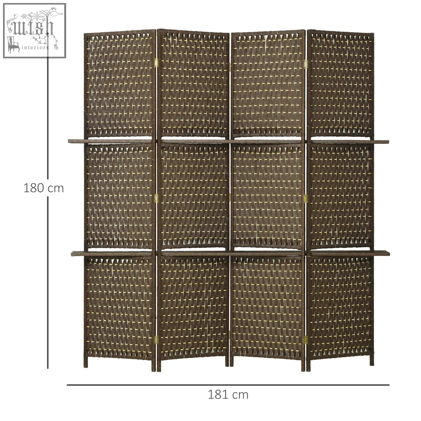 Brown woven wicker privacy screen with wooden frame three shelves 180l x 45w for indoor use