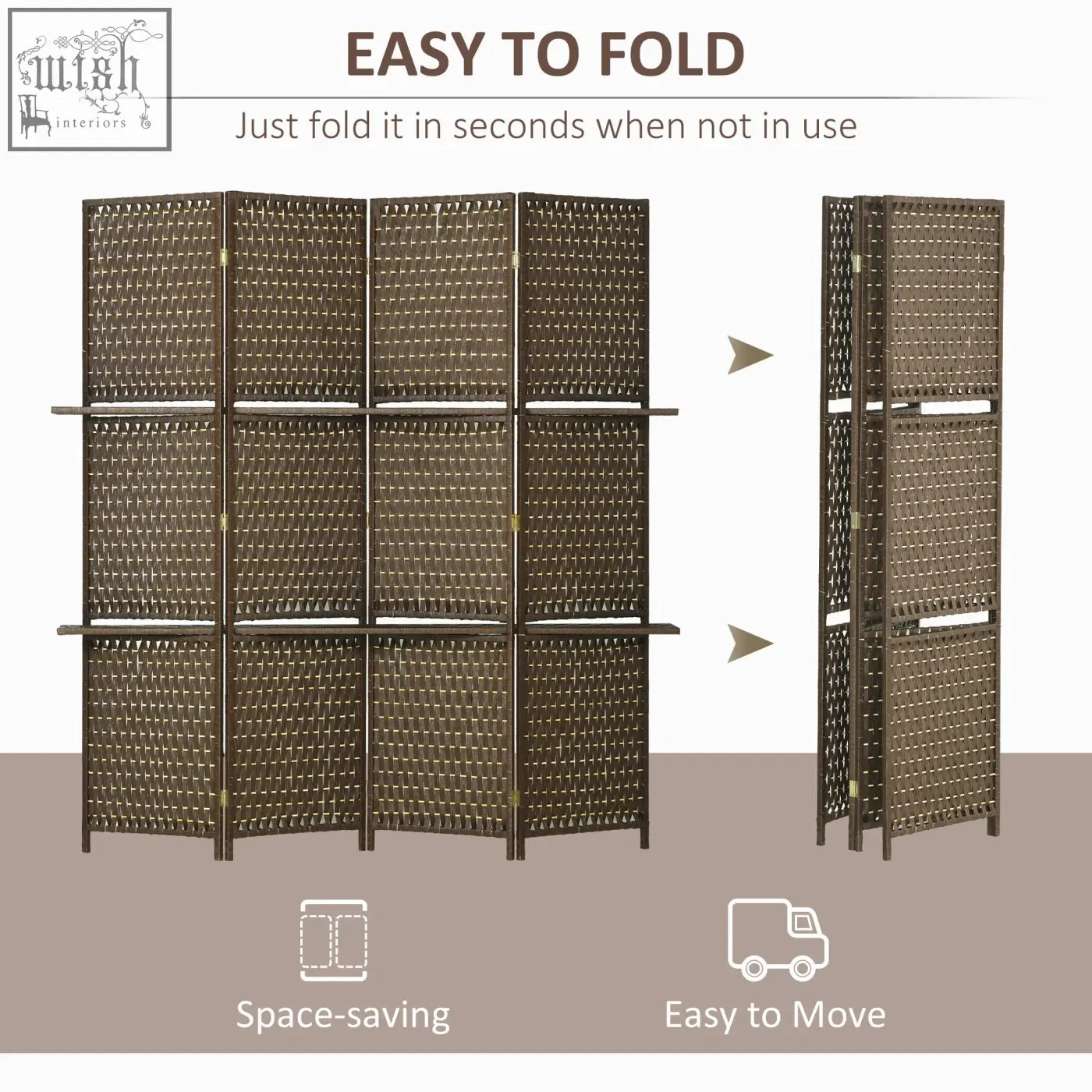 Brown woven rattan privacy screen with wooden frame and integrated shelves 180l x 45w for indoor room divider