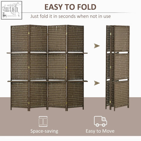 Brown woven rattan privacy screen with wooden frame and integrated shelves 180l x 45w for indoor room divider