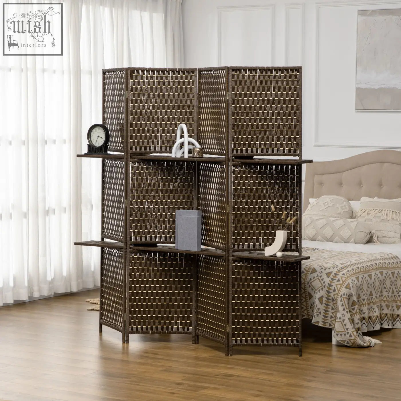 Brown woven rattan privacy screen with wooden frame and built-in shelves 180l x 45w perfect for bedroom or office