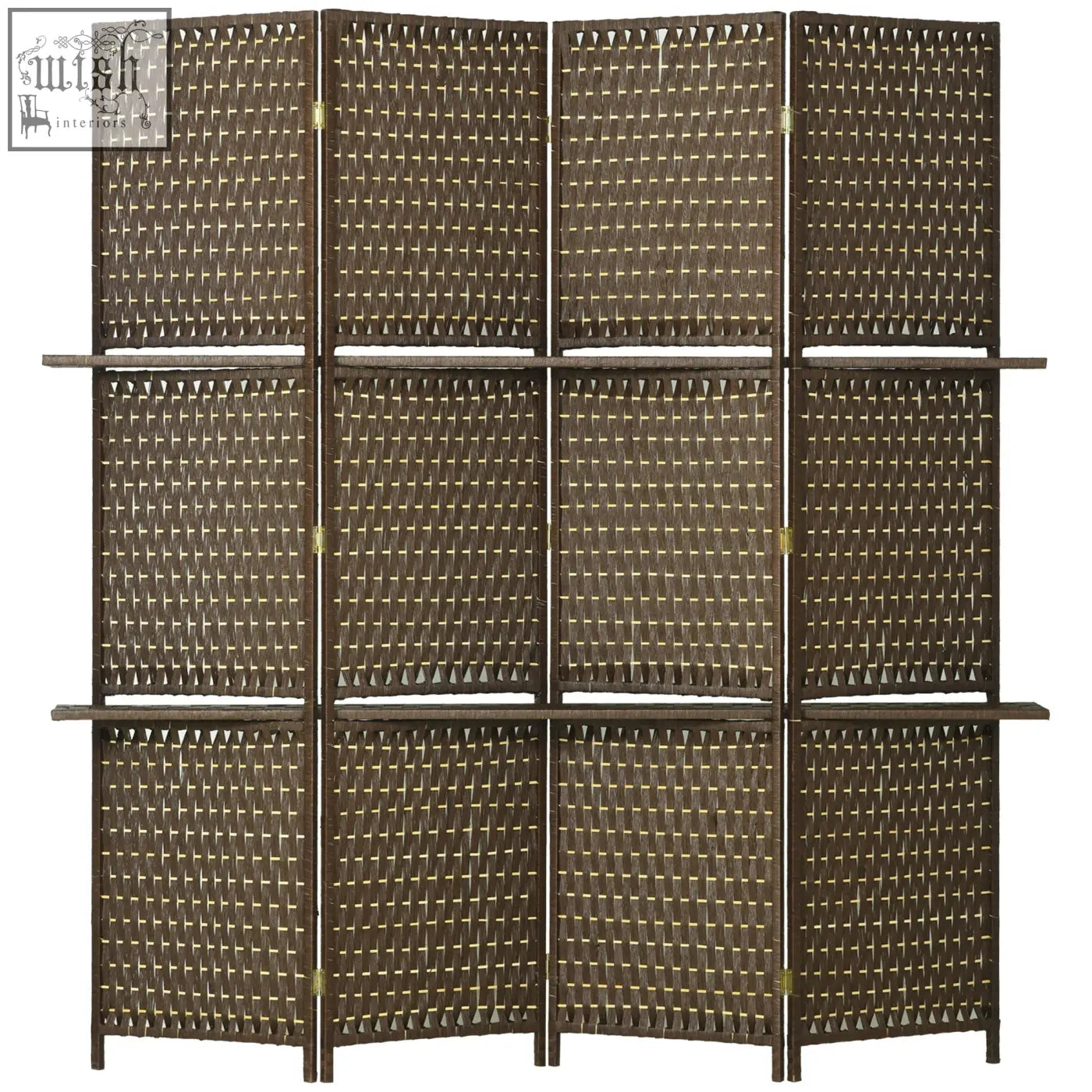 Brown woven wicker privacy screen with wooden frame and three shelves 180l x 45w freestanding room divider