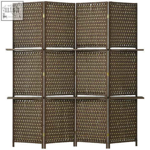 Brown woven wicker privacy screen with wooden frame and three shelves 180l x 45w freestanding room divider