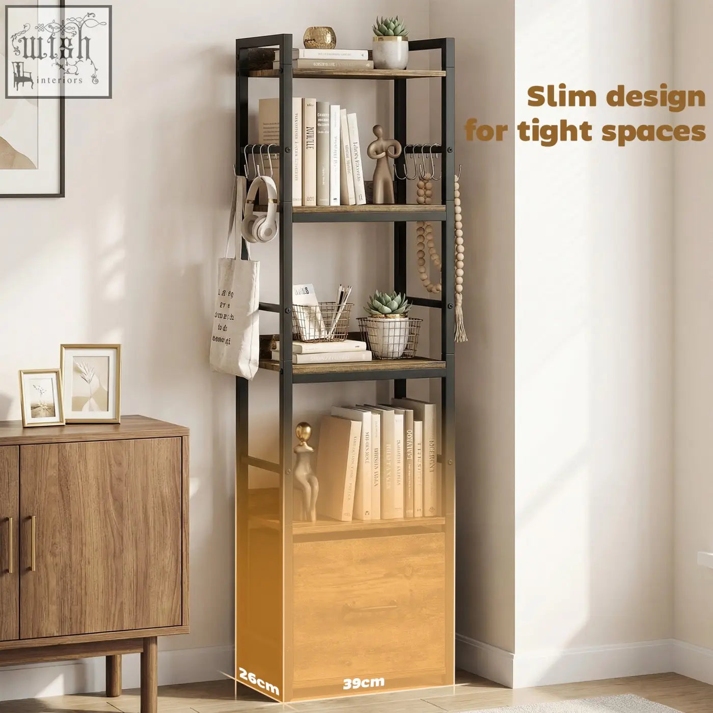 Homcom 4-tier bookshelf with metal frame and rustic brown wood features four open shelves and a slim 39w x 26d cm design