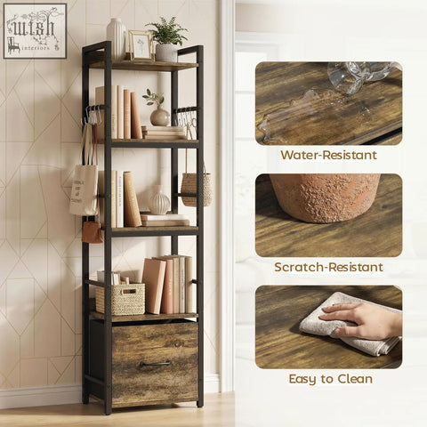 Rustic wood and black metal four tier bookshelf with drawer 39w x 26d cm design by homcom in rustic brown