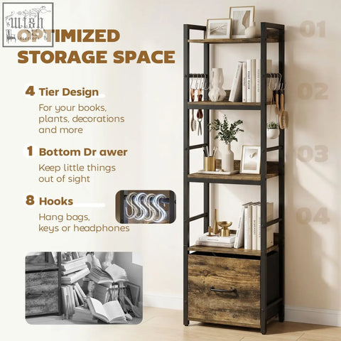 Homcom 4-tier bookshelf with black metal frame, rustic brown distressed wood, bottom drawer, and 8 hooks 39w x 26d cm design