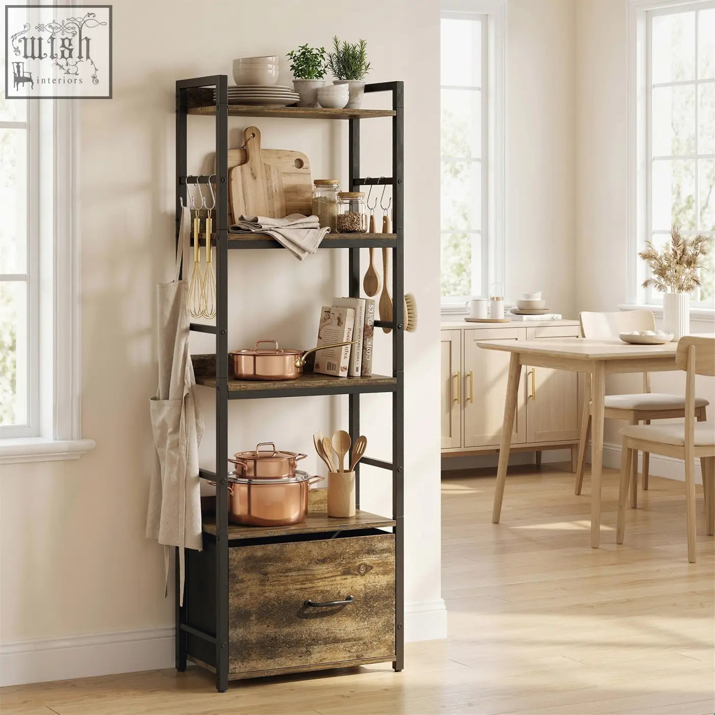 Homcom 4-tier bookshelf with metal frame rustic brown finish four open shelves 39w x 26d cm design with drawer and hooks