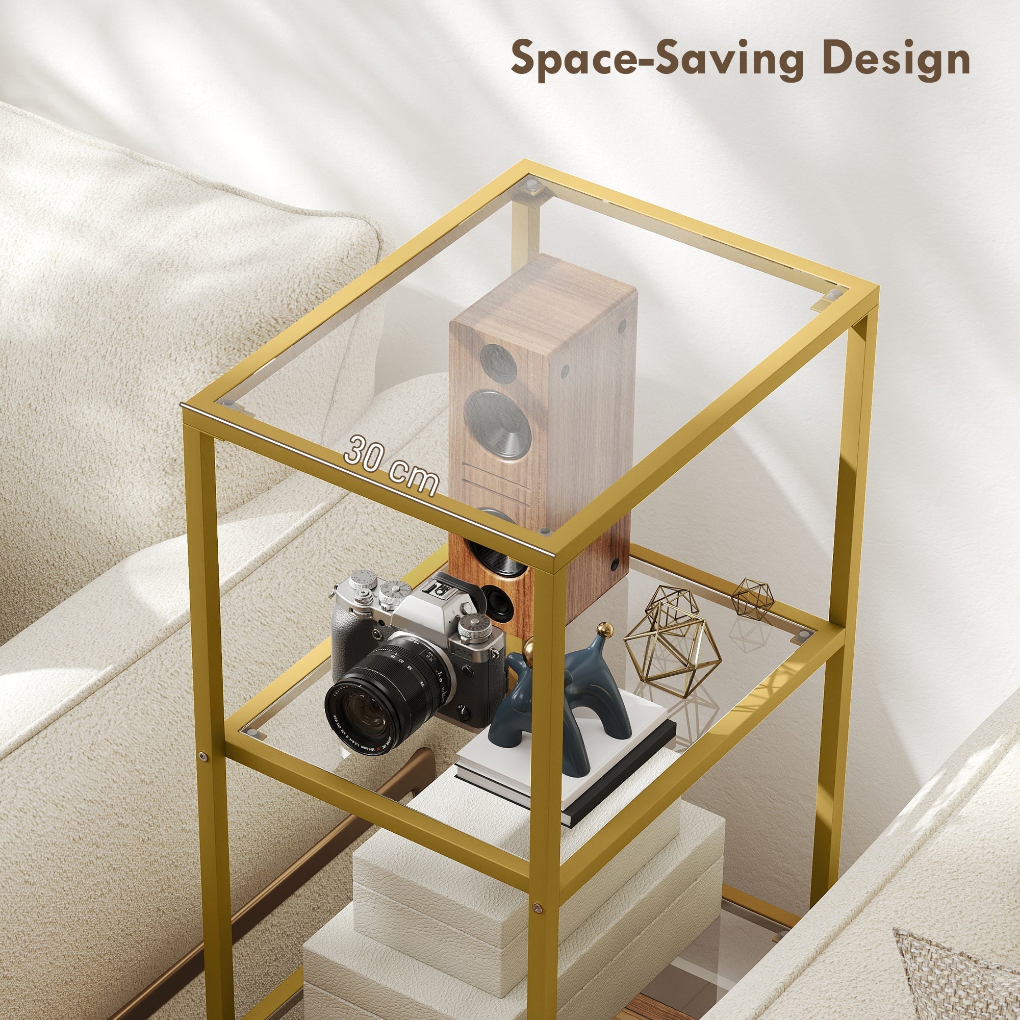 Gold tone glass side table with two shelves and space-saving vertical storage from HOMCOM shelving unit