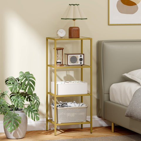Gold tone homcom 4-tier shelving unit with glass shelves and a woven basket for vertical storage