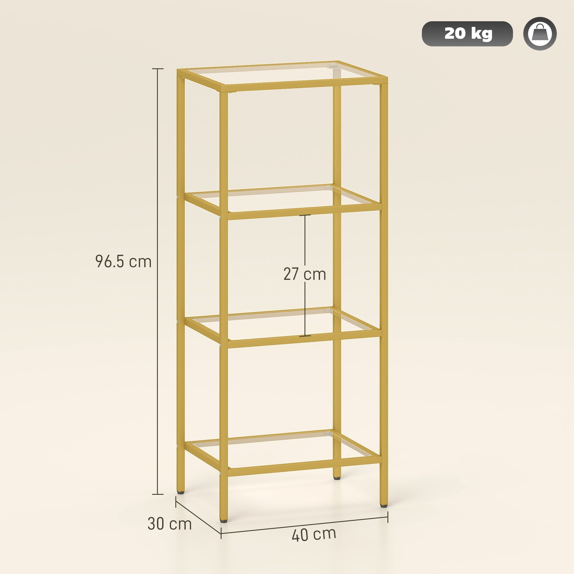 Gold tone homcom 4-tier shelving unit with clear glass shelves for vertical storage in living room or office