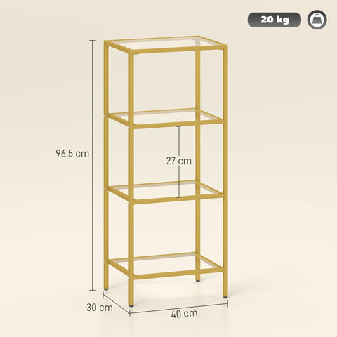 Gold tone homcom 4-tier shelving unit with clear glass shelves for vertical storage in living room or office