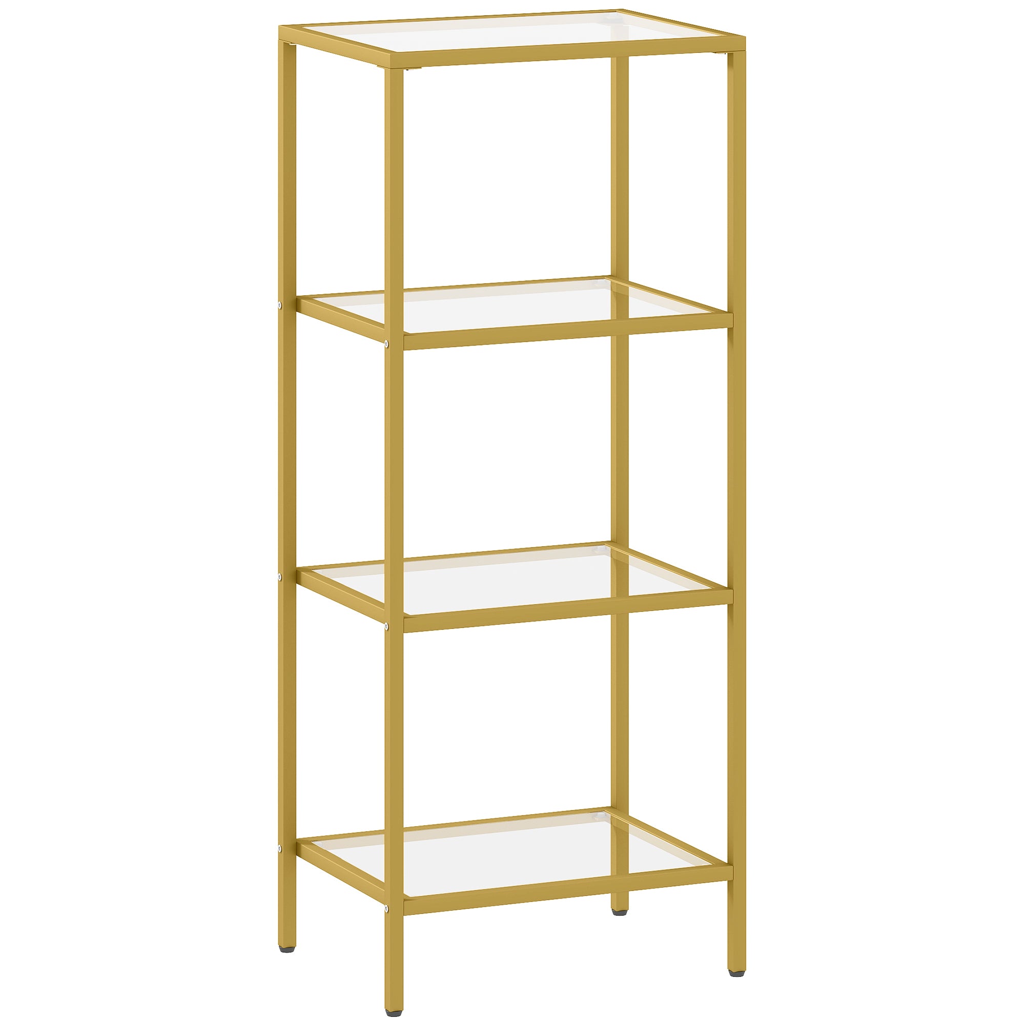 Homcom 4-tier shelving unit with gold tone metal frame and clear glass shelves for vertical storage in any room