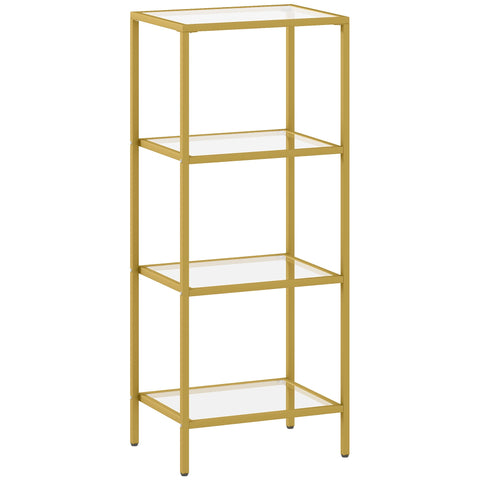 Homcom 4-tier shelving unit with gold tone metal frame and clear glass shelves for vertical storage in any room