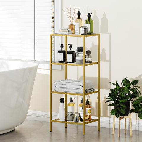 Gold tone homcom 4-tier shelving unit with glass shelves vertical storage for bathroom living room or office