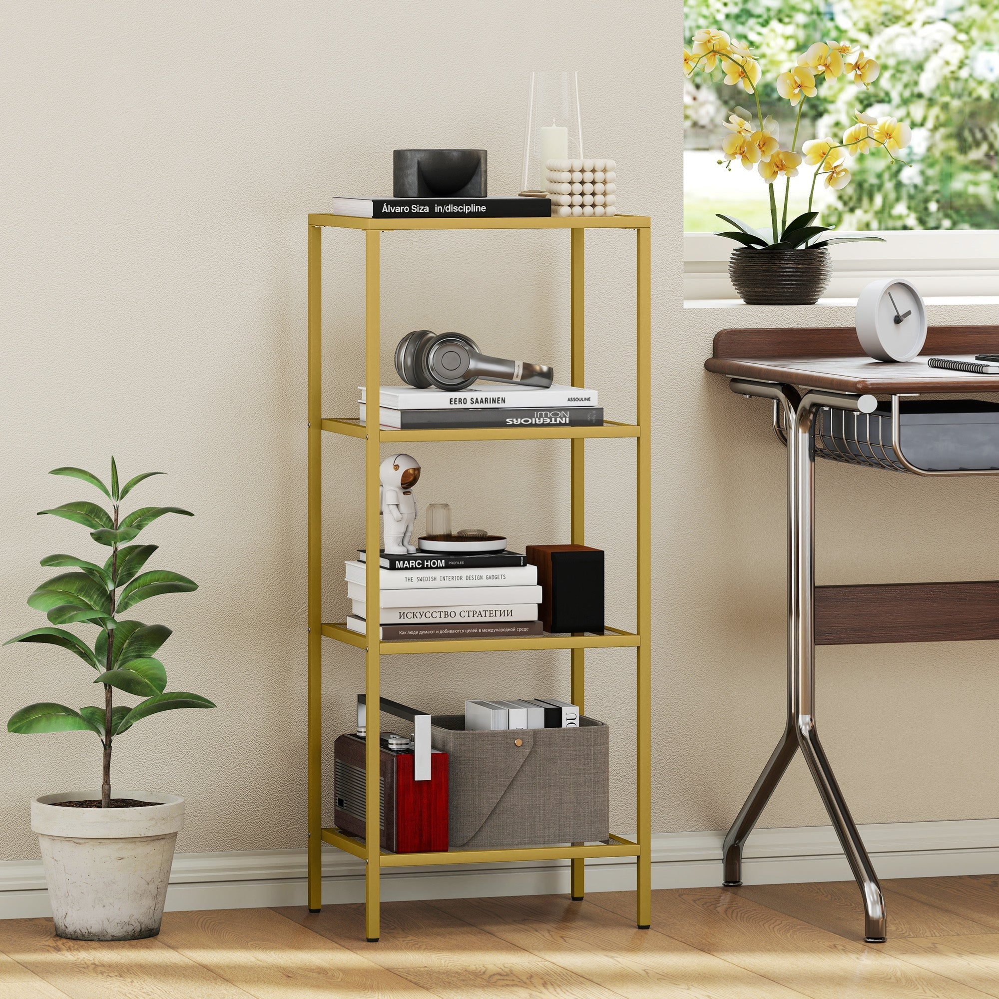 Gold tone homcom 4-tier shelving unit with glass shelves for vertical storage in living room or home office