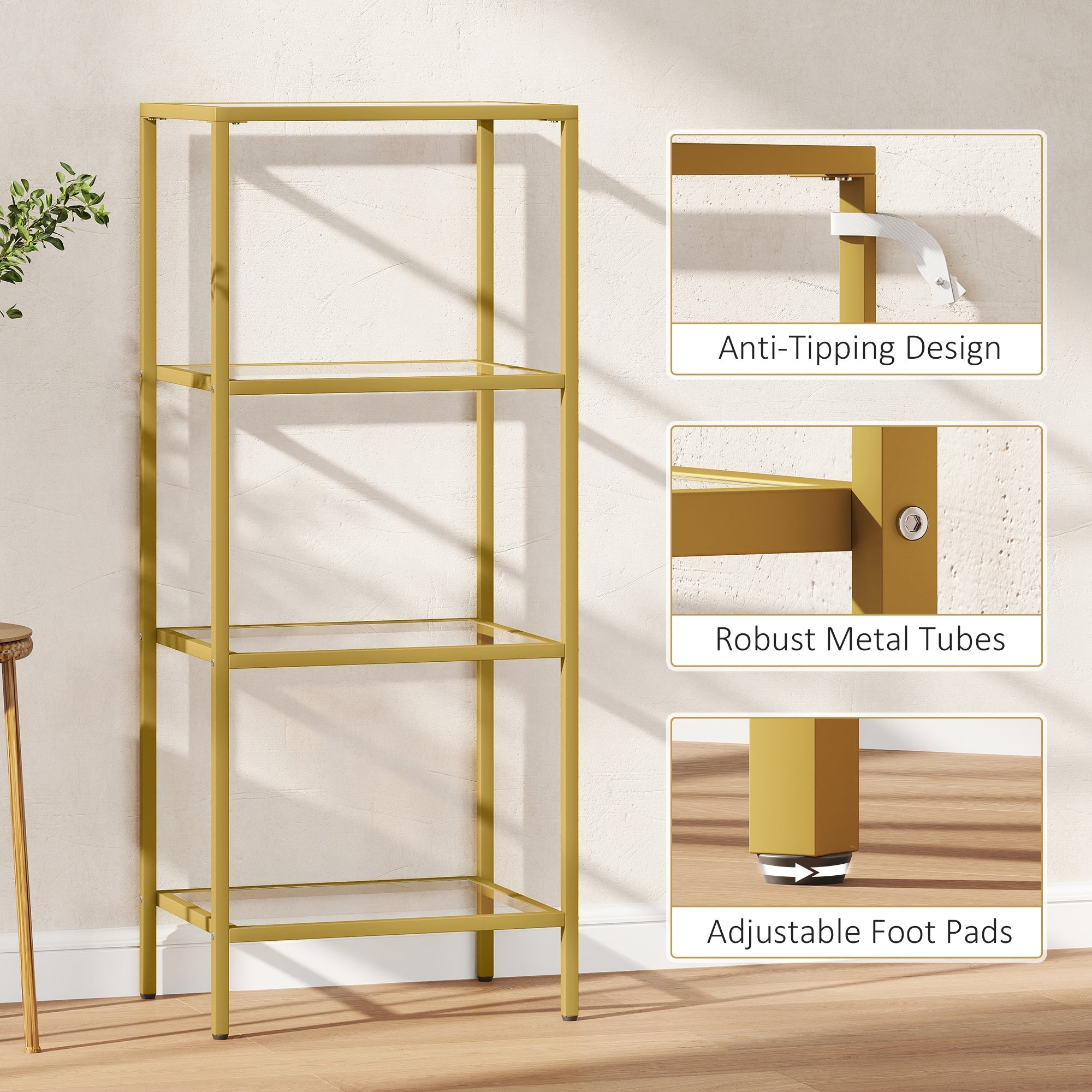 Gold tone metal shelving unit with four clear glass shelves and adjustable foot pads for vertical storage
