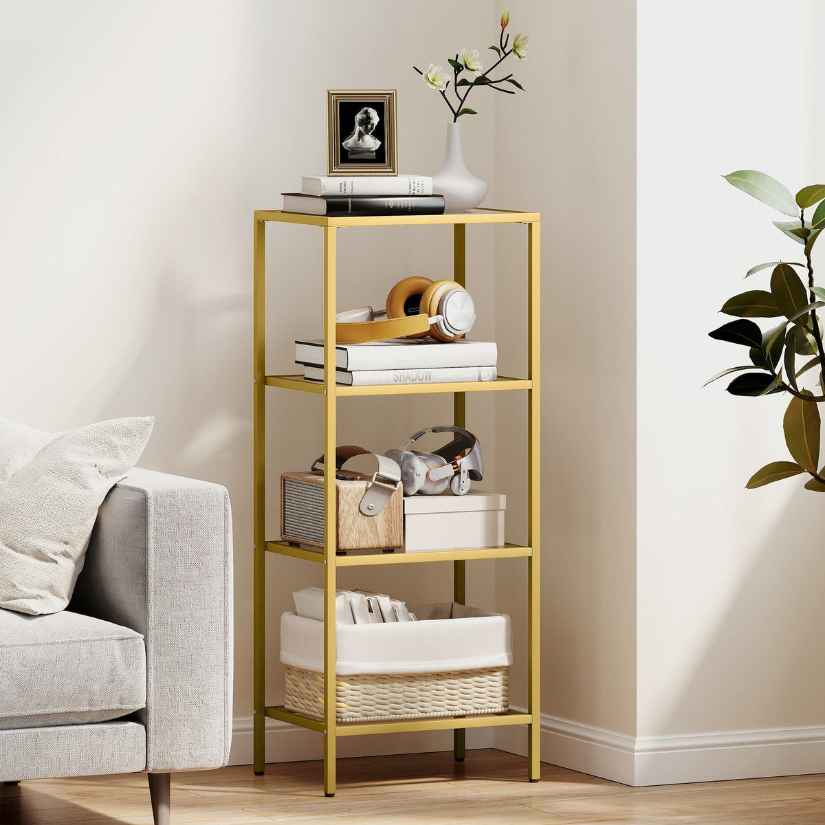 Gold tone homcom 4-tier shelving unit with glass shelves and woven basket for vertical storage in any room