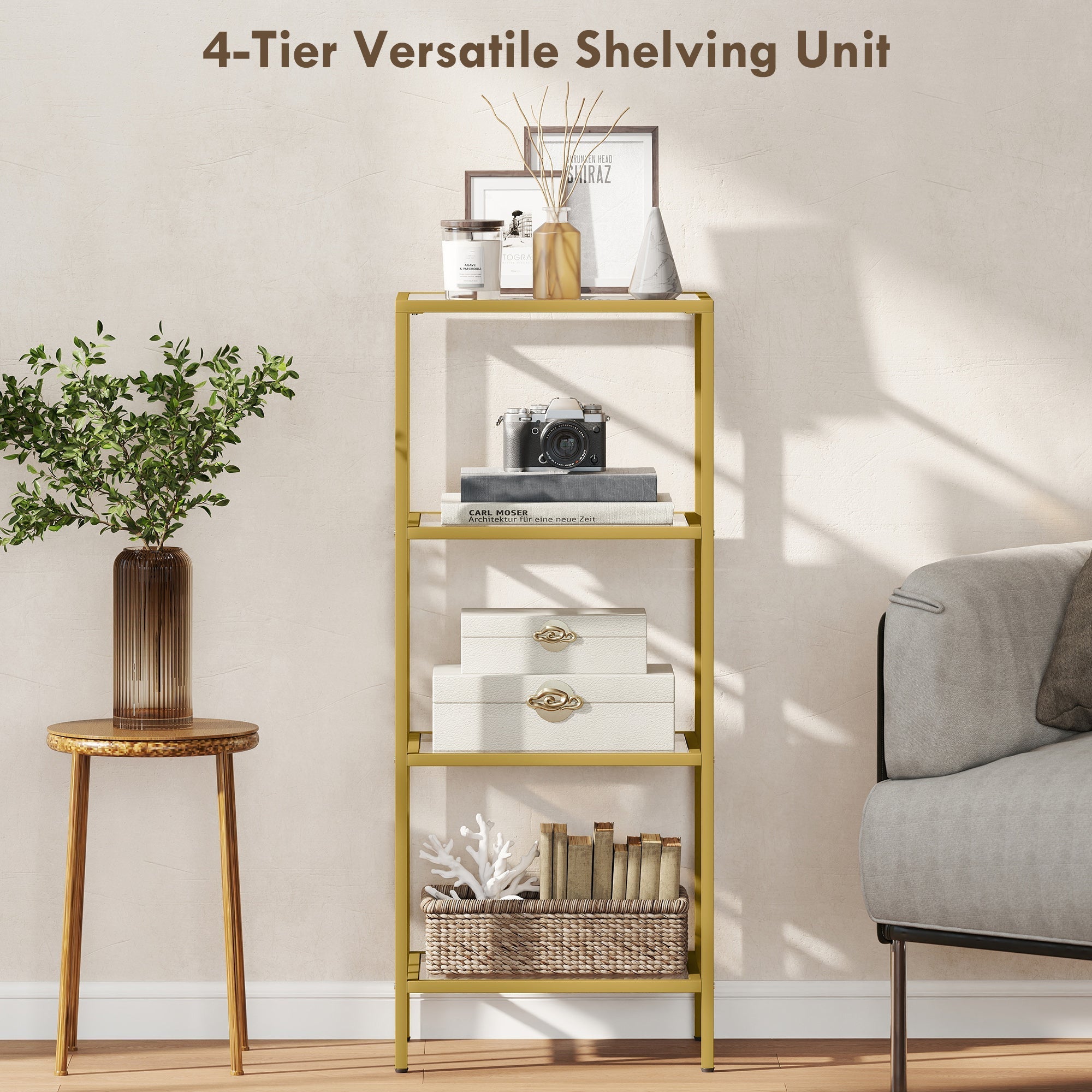 Gold tone metal 4-tier shelving unit with glass shelves for vertical storage in living room or home office