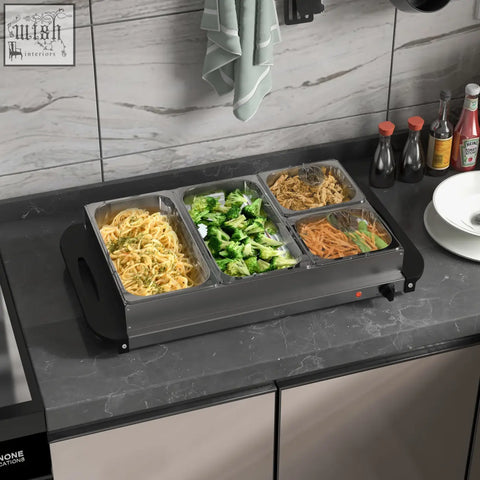 Silver stainless steel homcom electric food warmer with 4 trays holding pasta broccoli chicken and carrots for buffet use