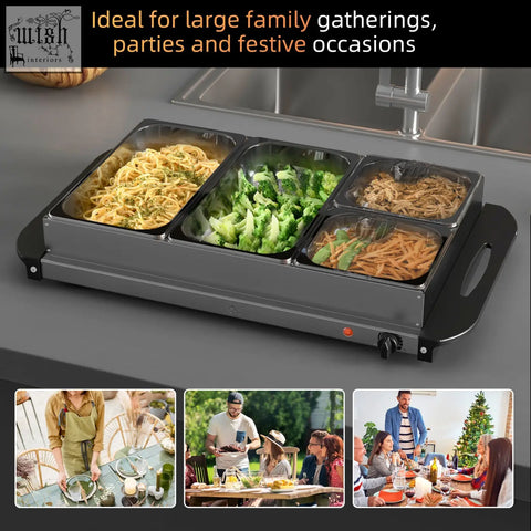 Silver stainless steel homcom b0c-85 c2 b0c electric food warmer with four compartments and clear lids for serving food