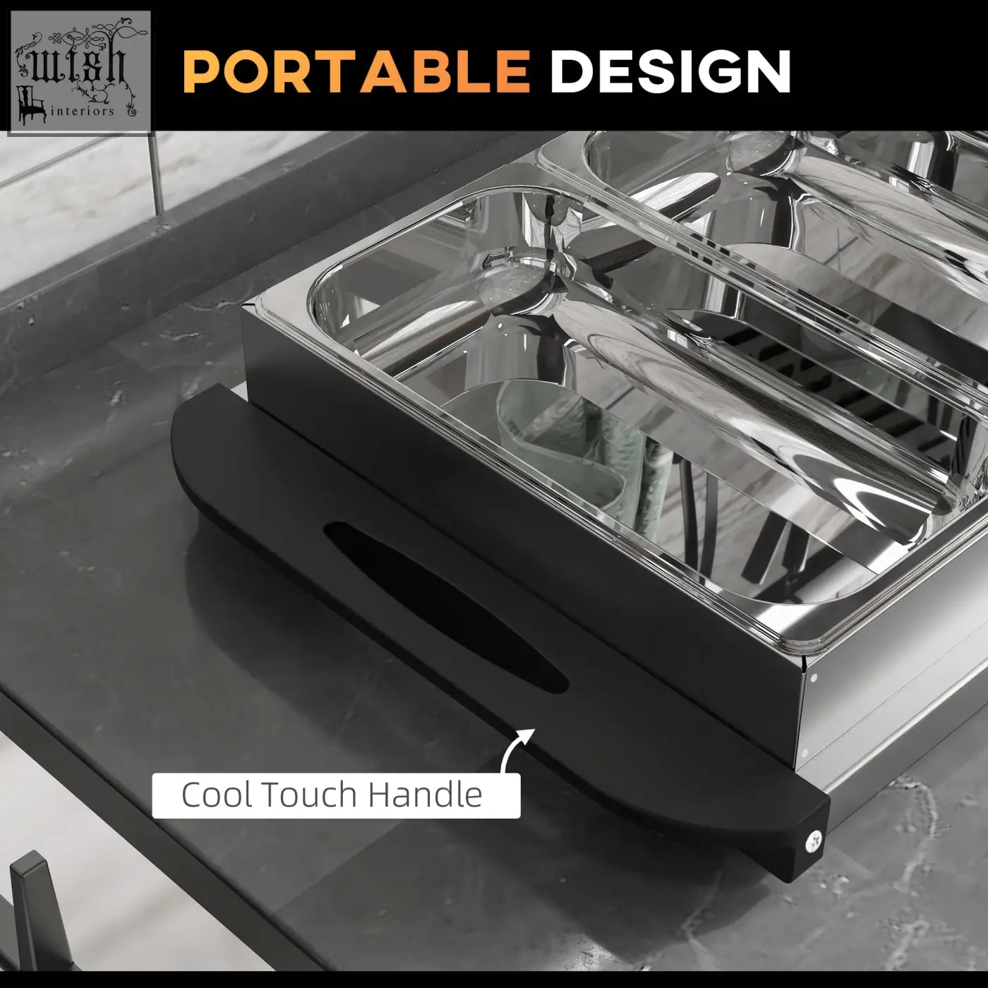 A sleek stainless steel HOMCOM 4 tray electric food warmer with black cool touch handles and adjustable temperature c2 b0c