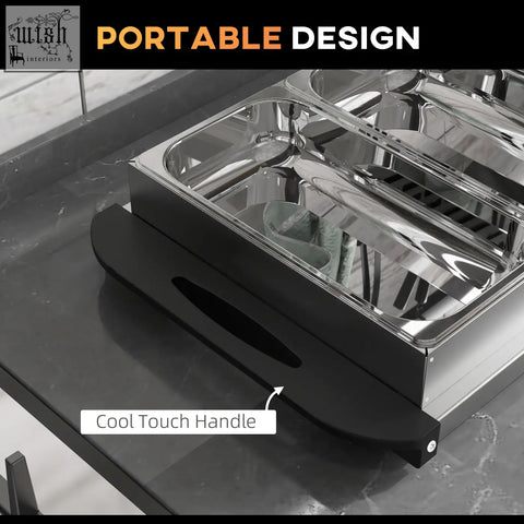 A sleek stainless steel HOMCOM 4 tray electric food warmer with black cool touch handles and adjustable temperature c2 b0c