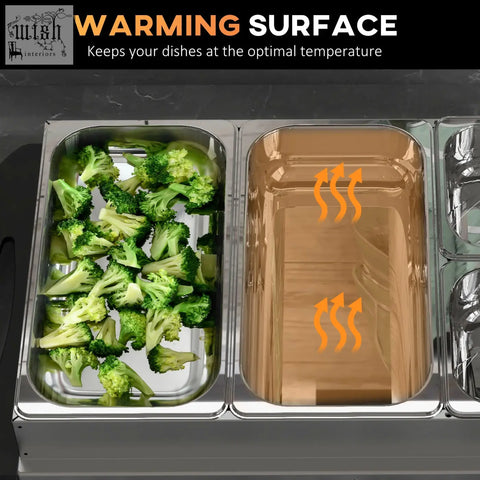Stainless steel b0c-85 c2 b0c electric food warmer with 4 trays including one with broccoli and visible heat waves
