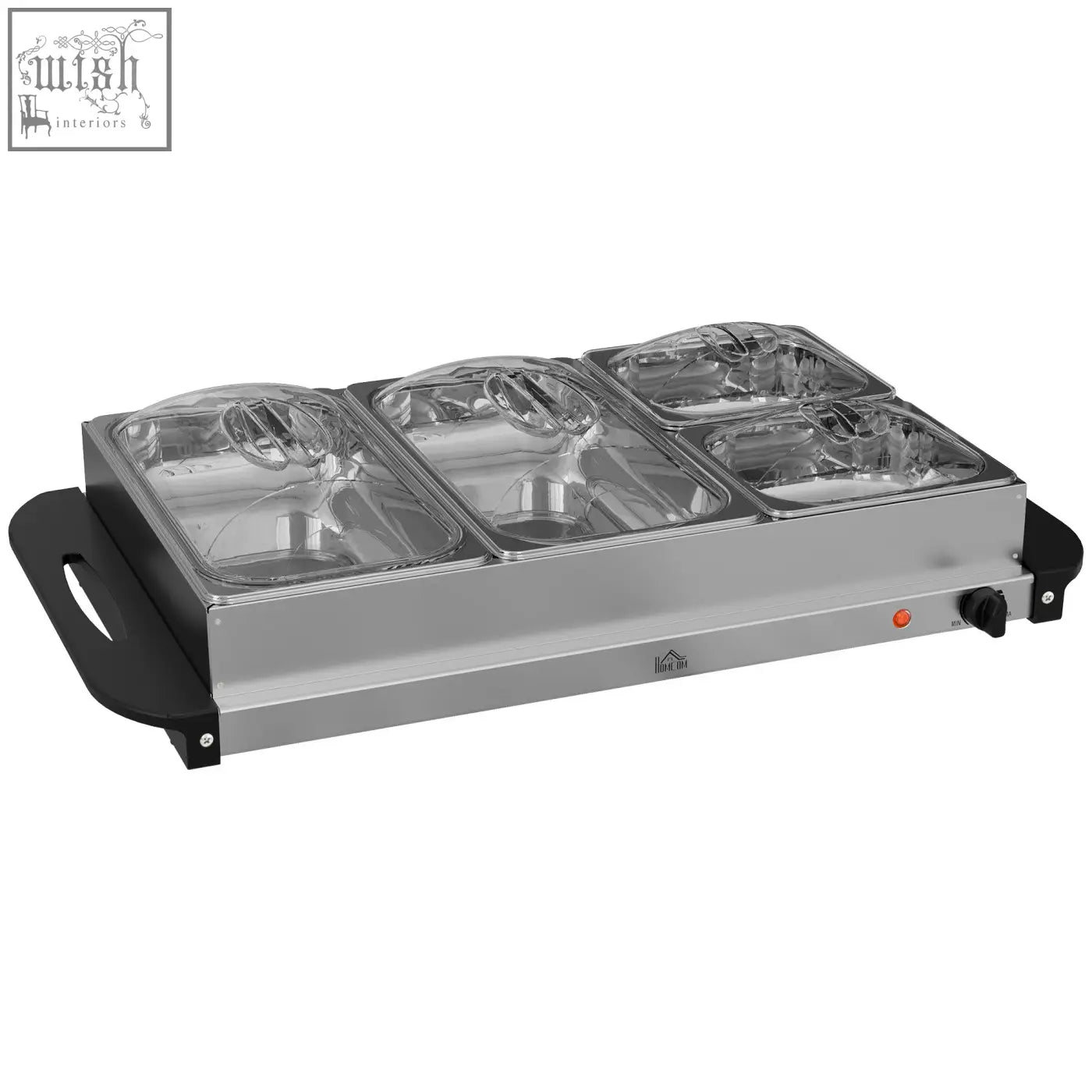 Stainless steel electric food warmer with four clear glass lid compartments and black cool touch handles by homcom