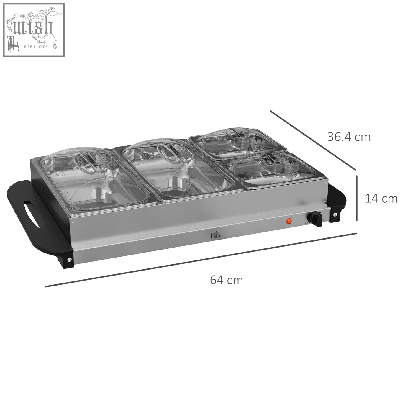 Silver stainless steel electric food warmer with four glass lids and black handles for buffet serving b0c-85 c2 b0c