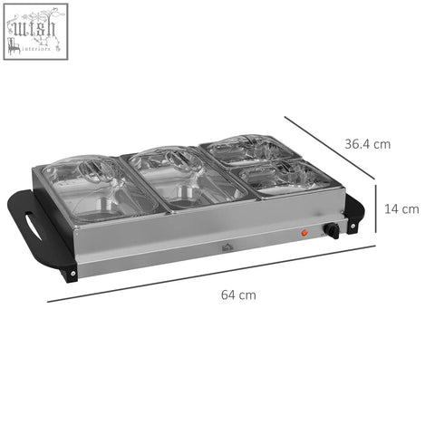 Silver stainless steel electric food warmer with four glass lids and black handles for buffet serving b0c-85 c2 b0c