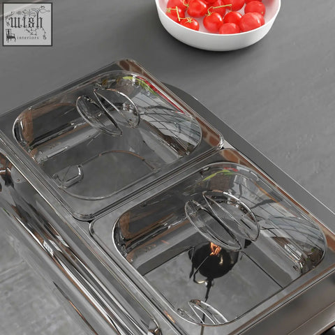 Stainless steel electric food warmer with two clear hinged lids b0c 85 c2 b0c cool touch handles and adjustable temperature