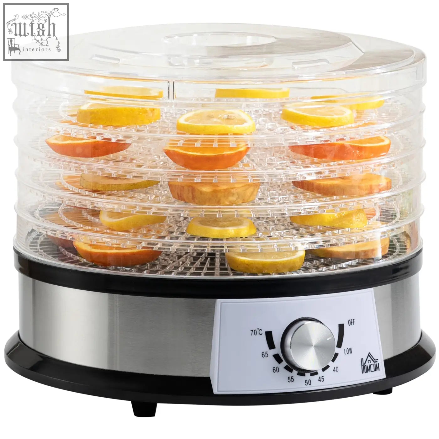 Homcom five tray food dehydrator with clear plastic tiers stainless steel base and temperature dial for air circulation