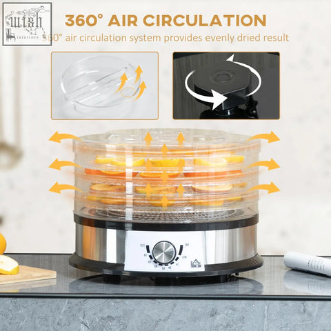 Homcom five tray food dehydrator with stainless steel and black plastic uses air circulation for drying citrus fruits