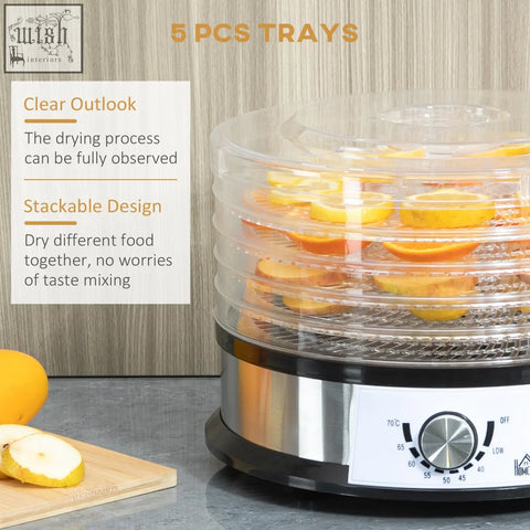 HOMCOM 40-70⁃ five tray food dehydrator with stainless steel and clear plastic for efficient air circulation