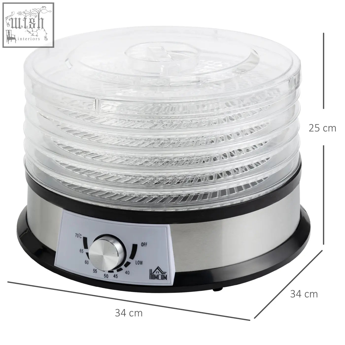 Homcom five tray food dehydrator with clear plastic trays stainless steel base and air circulation control panel