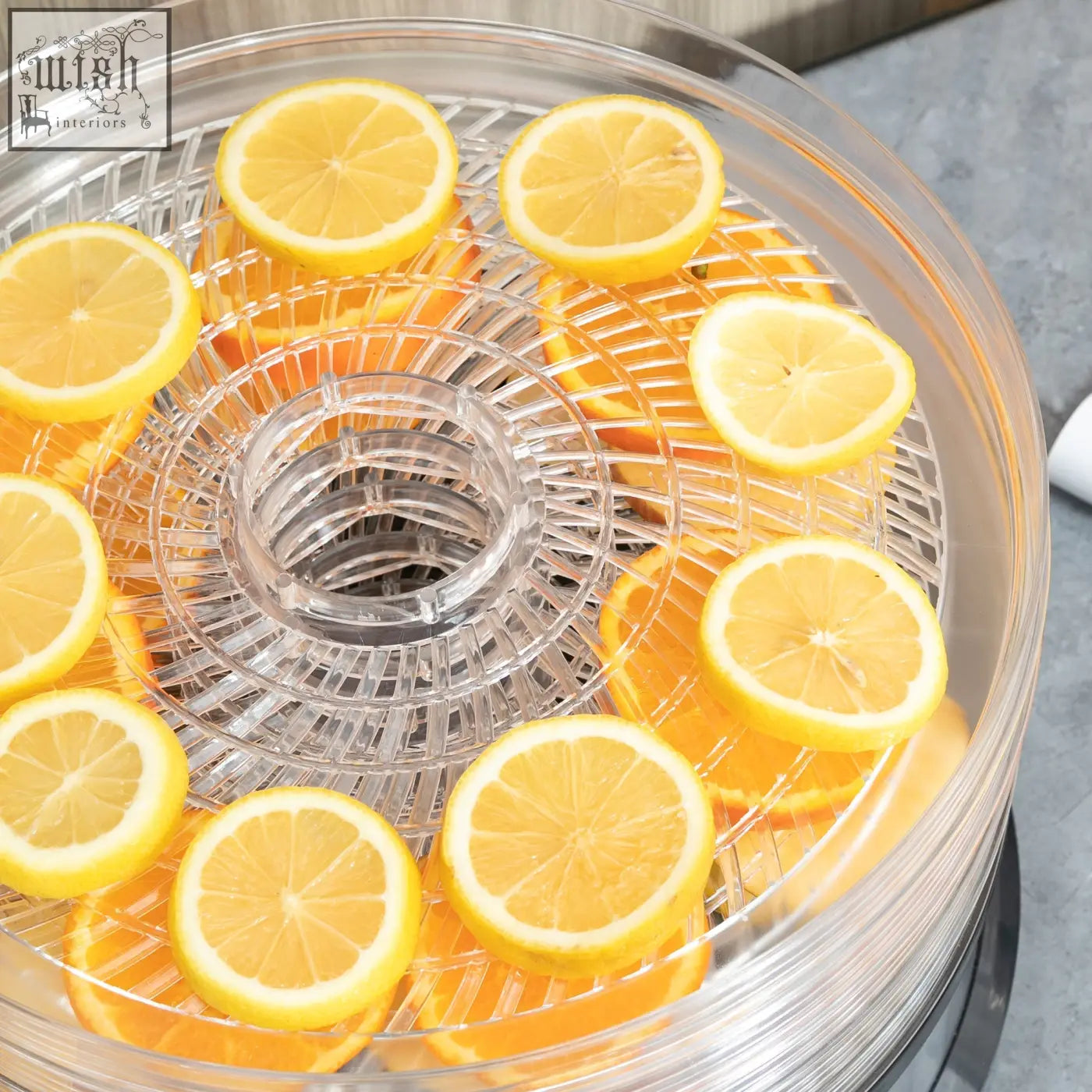 Homcom five tray food dehydrator with clear plastic trays and air circulation filled with sliced lemons and oranges